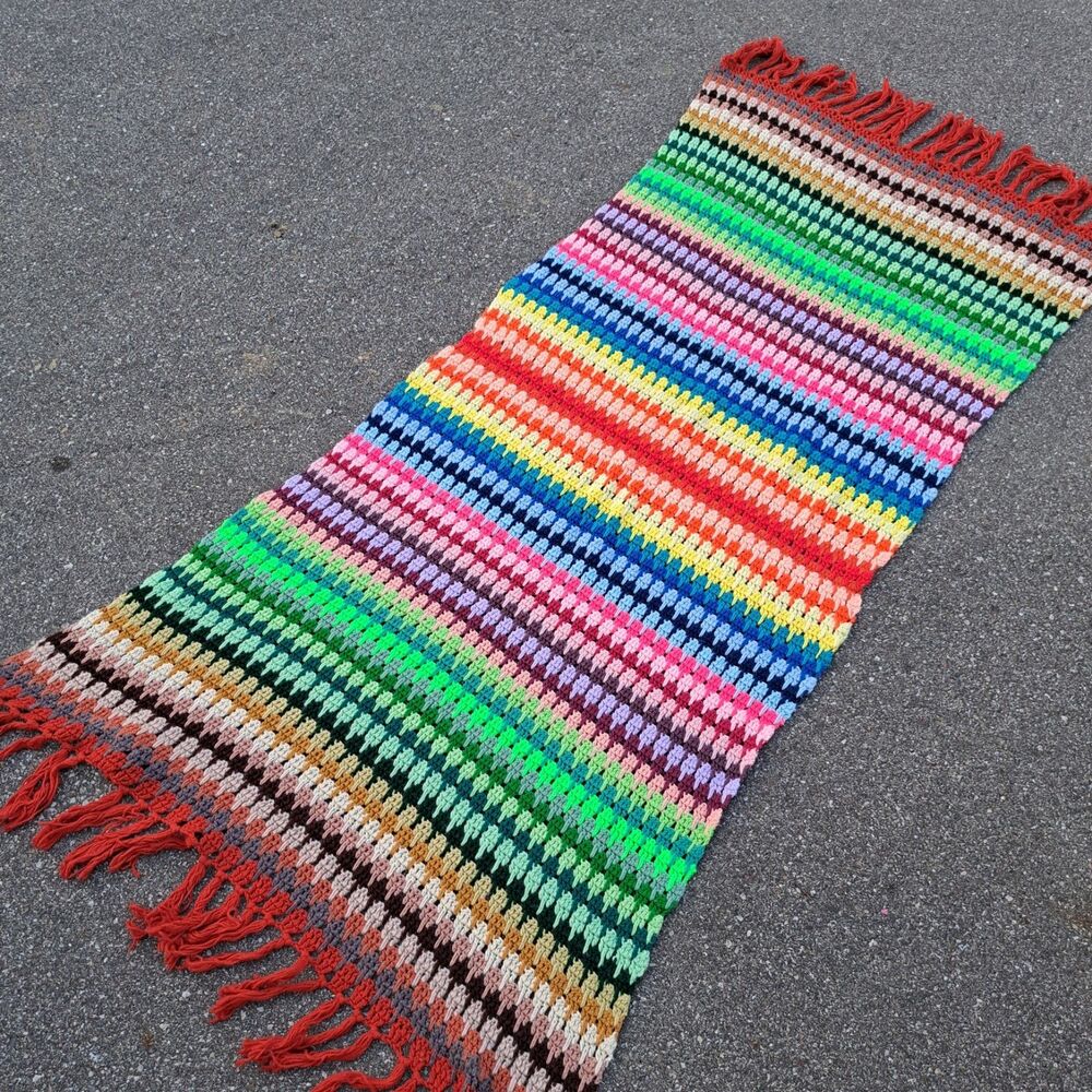 Vintage Handmade Knit Crochet Rainbow Blanket Afghan Throw 97×40" Runner